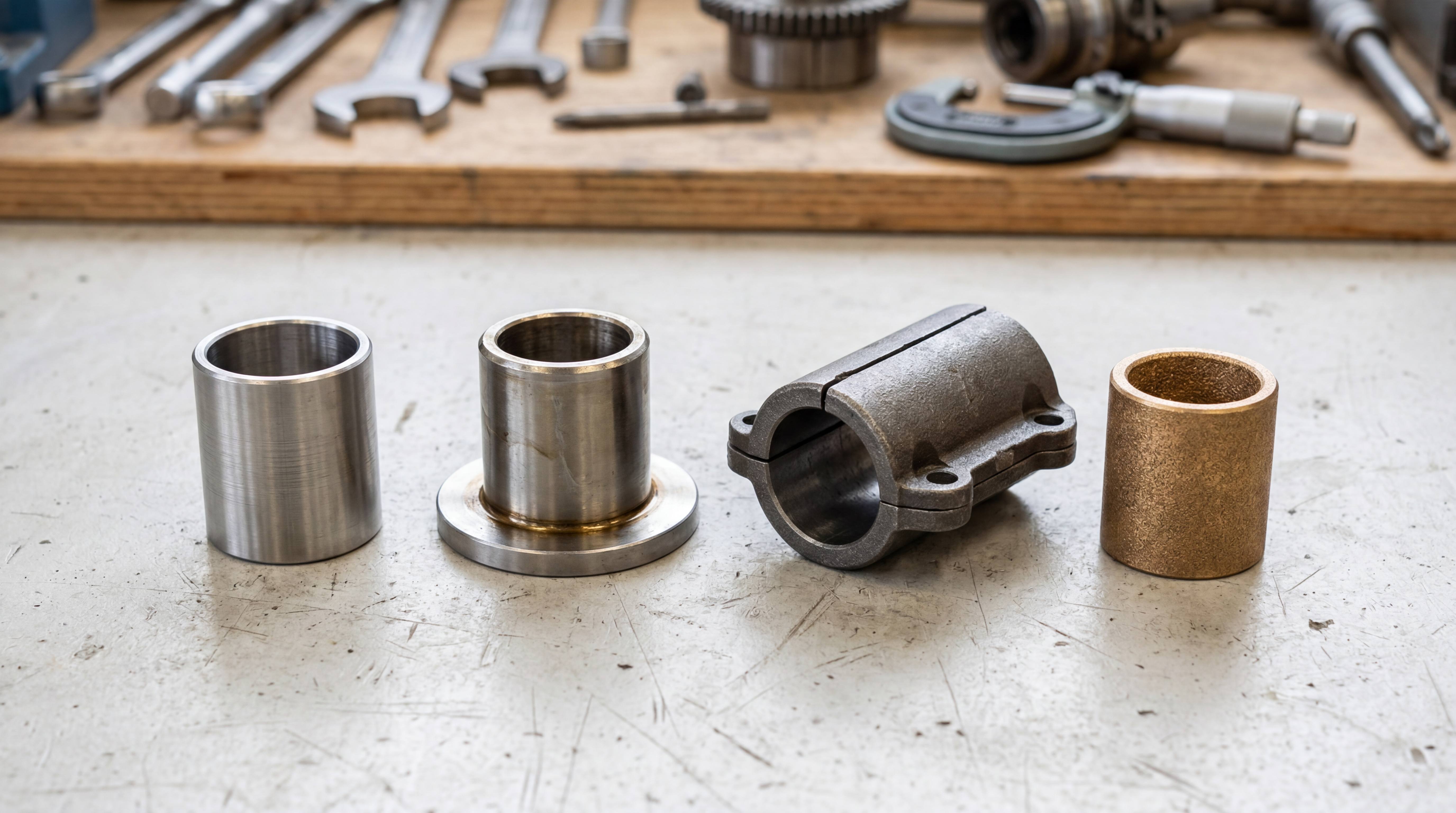 Industrial bushing types including sleeve bushings, flanged bushings, split bushings, and bronze bushings displayed on a workshop table